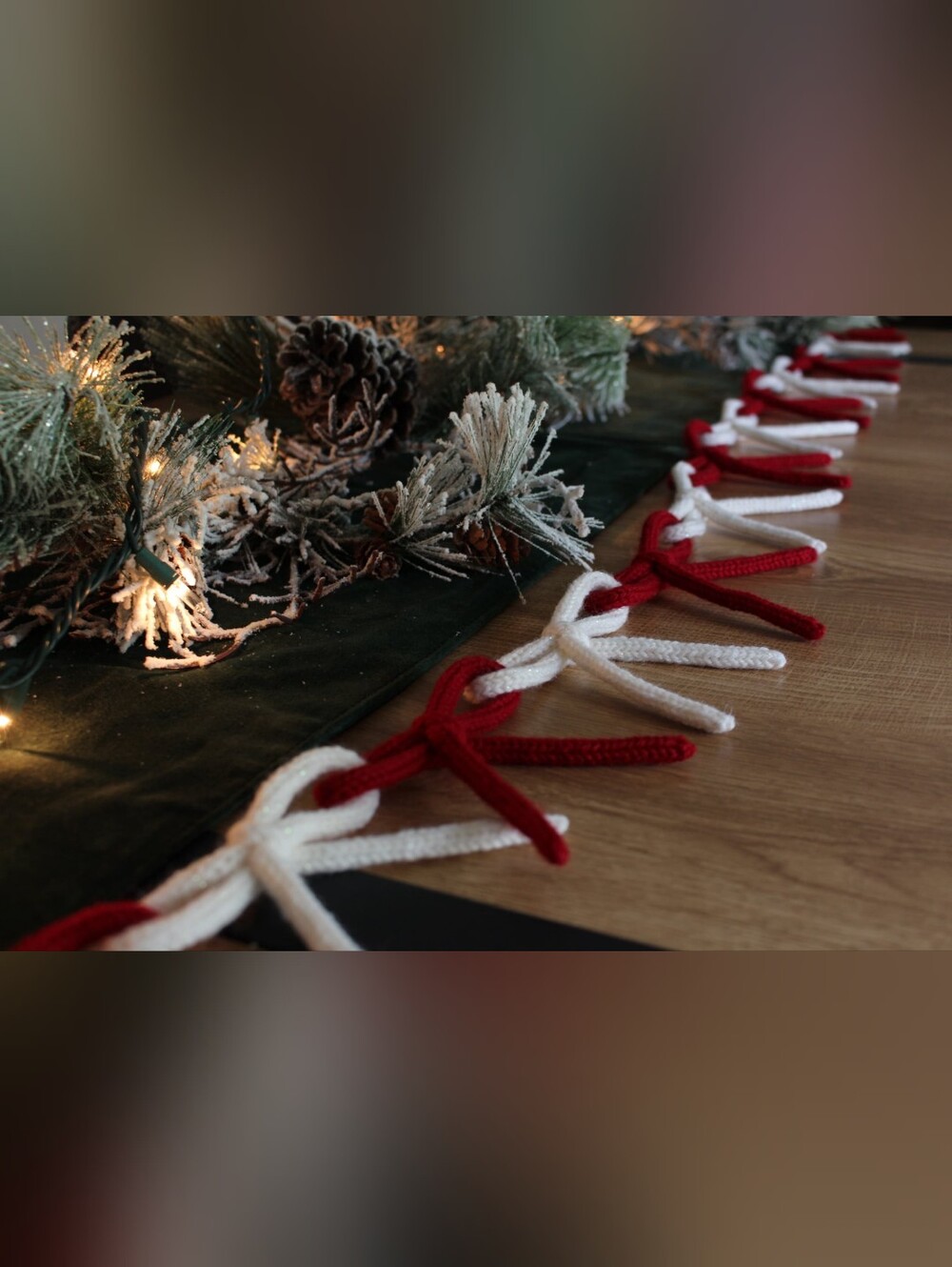 Handmade Knitted Holiday Bow Garland- 6 Ft- Red & Sparkly White